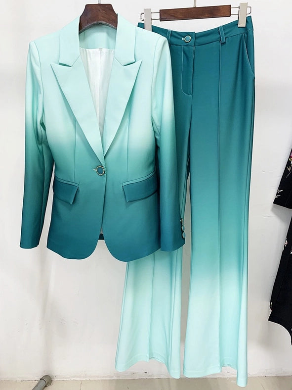 Gradient Color Blazer and Flared Pants Two-Piece Suit