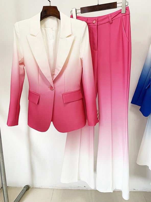 Gradient Color Blazer and Flared Pants Two-Piece Suit