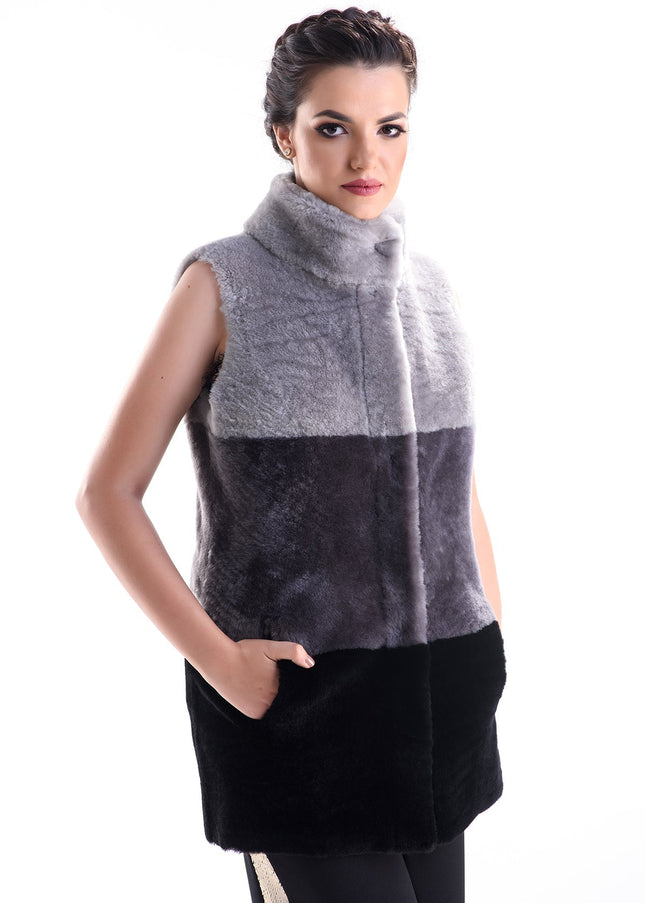 Gray Double Face Geniune Nappa Lamb Leather Mouton Fur Vest-0