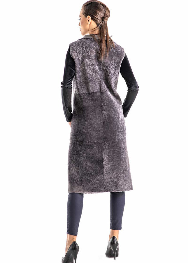 Gray Double Face Geniune Nappa Lamb Leather Mouton Long Fur Vest-1