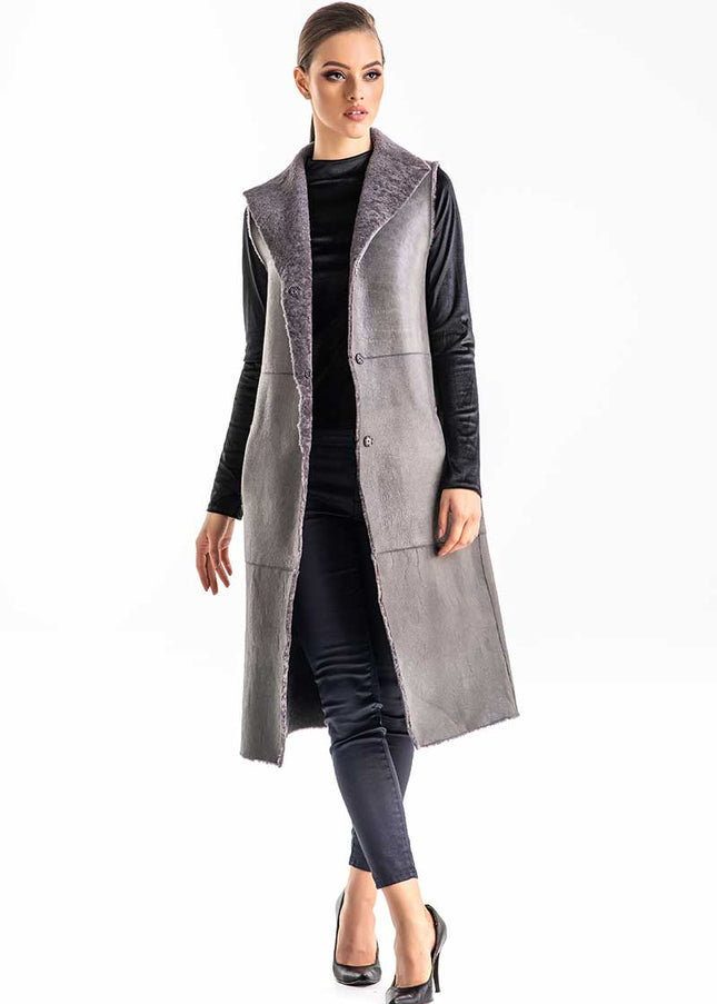 Gray Double Face Geniune Nappa Lamb Leather Mouton Long Fur Vest-3