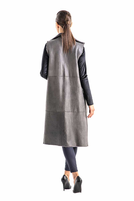 Gray Double Face Geniune Nappa Lamb Leather Mouton Long Fur Vest-4