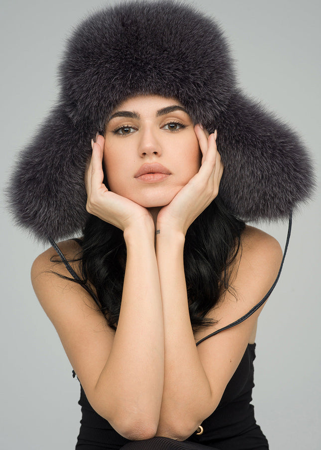 Gray Genuine Arctic Fox and Mink Fur Hat-0