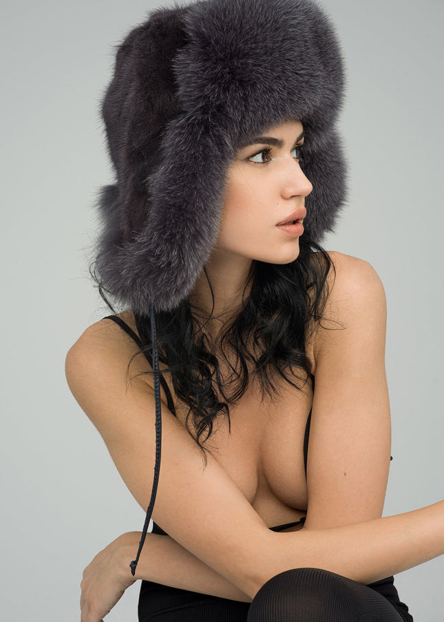 Gray Genuine Arctic Fox and Mink Fur Hat-1