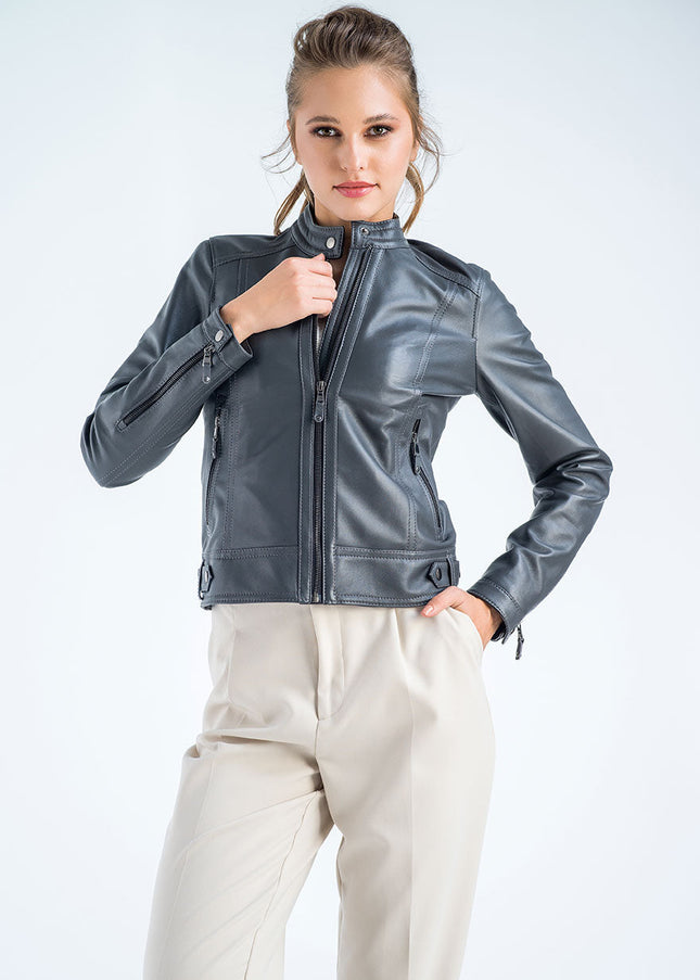 Gray Genuine Cropped Leather Jacket-0