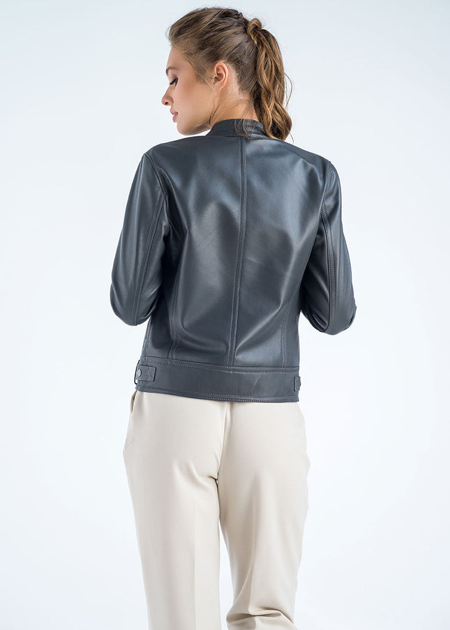 Gray Genuine Cropped Leather Jacket-1