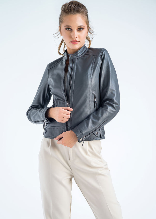 Gray Genuine Cropped Leather Jacket-2