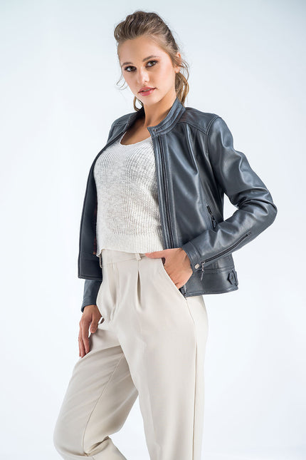 Gray Genuine Cropped Leather Jacket-3