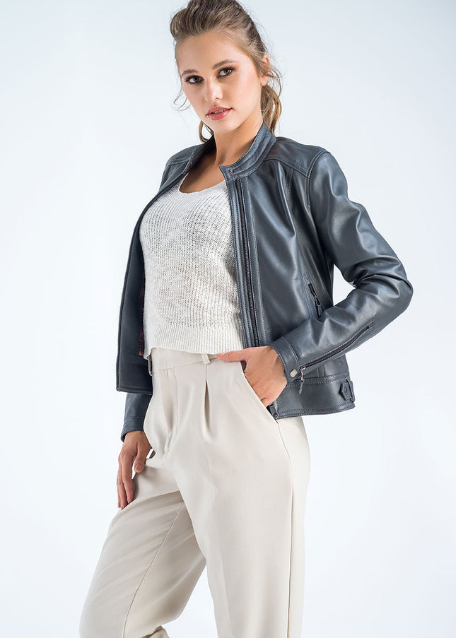 Gray Genuine Cropped Leather Jacket-3