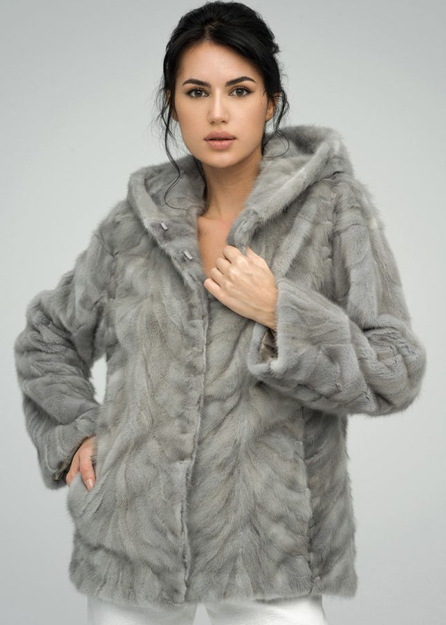 Gray Genuine Hooded Mink Fur Coat-0