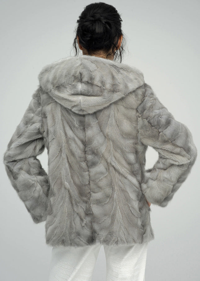 Gray Genuine Hooded Mink Fur Coat-1