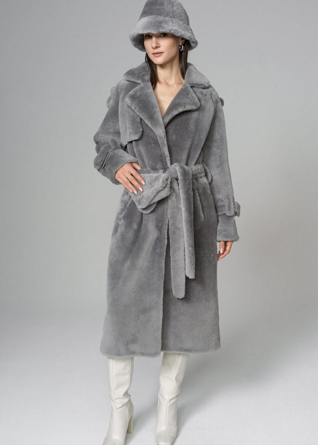 Gray Genuine Lamb Fur Overcoat with Fanny Pack-0