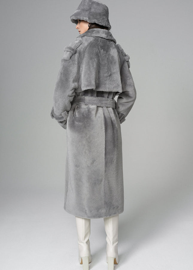 Gray Genuine Lamb Fur Overcoat with Fanny Pack-1