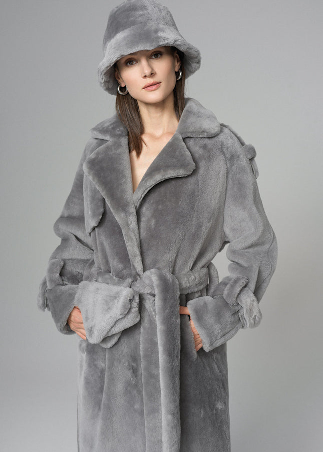 Gray Genuine Lamb Fur Overcoat with Fanny Pack-2