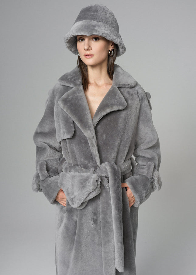 Gray Genuine Lamb Fur Overcoat with Fanny Pack-3