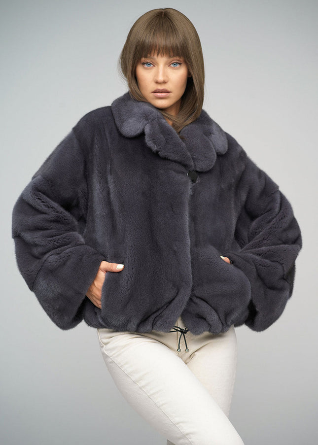 Gray Genuine Mink Fur Coat-0