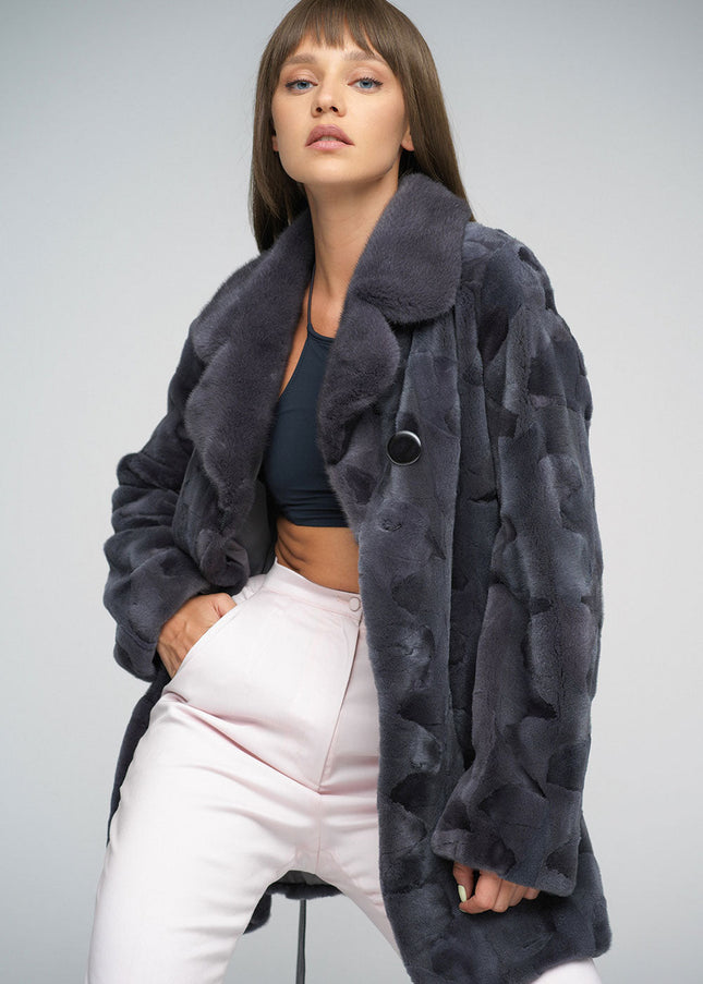 Gray Genuine Mink Fur Midi Coat-2