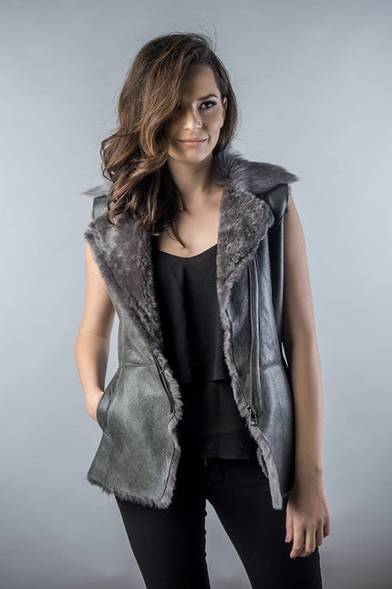 Gray Genuine Nappa Lambskin Fur Vest-2