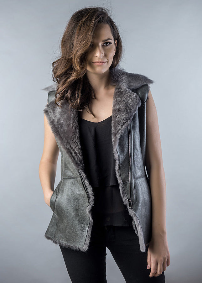 Gray Genuine Nappa Lambskin Fur Vest-2