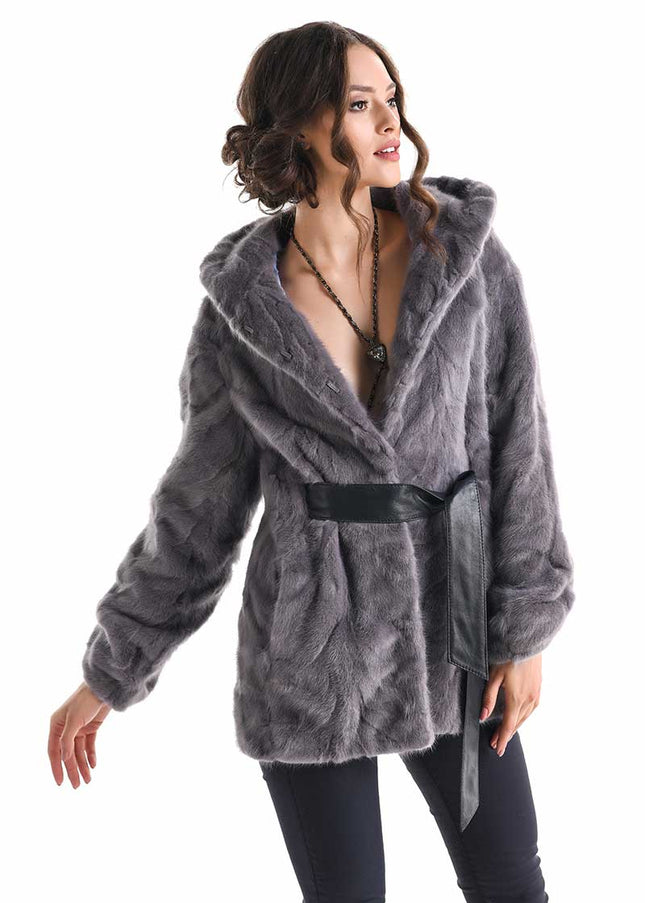 Gray Hooded Genuine Mink Fur Coat with Leather Belt-0