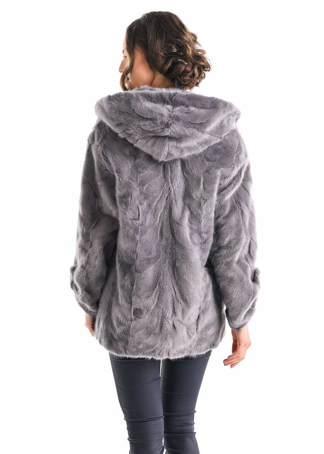 Gray Hooded Genuine Mink Fur Coat with Leather Belt-1