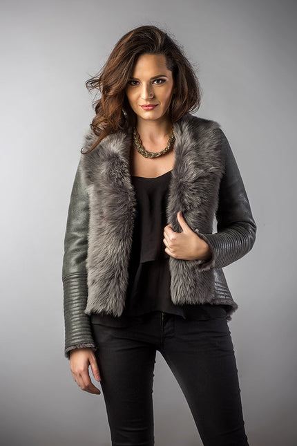 Gray Lamb Nappa Leather Jacket with Merino Fur Collar-0