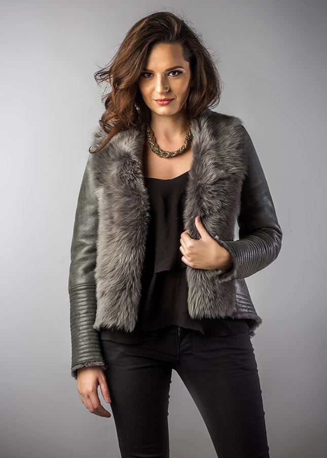 Gray Lamb Nappa Leather Jacket with Merino Fur Collar-0