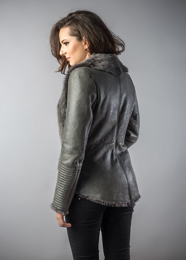 Gray Lamb Nappa Leather Jacket with Merino Fur Collar-1