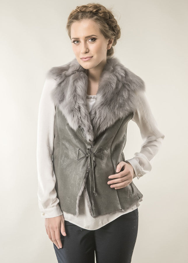 Gray Merino Fur Nappa Lamb Leather Vest-0