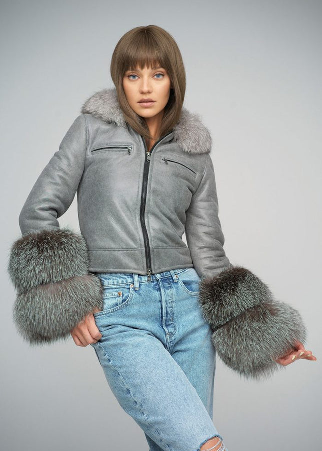 Gray Merino Leather Jacket with Fox Fur Collar and Cuffs-1