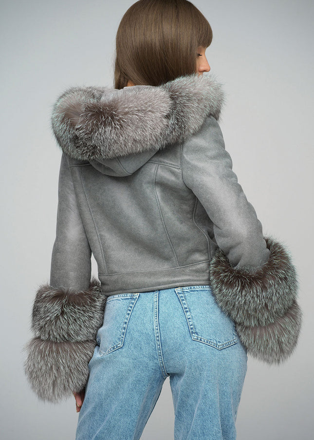 Gray Merino Leather Jacket with Fox Fur Collar and Cuffs-2