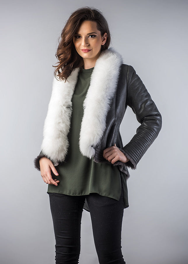 Gray Merino Shearling Jacket with Arctic Fox Fur Collar-0