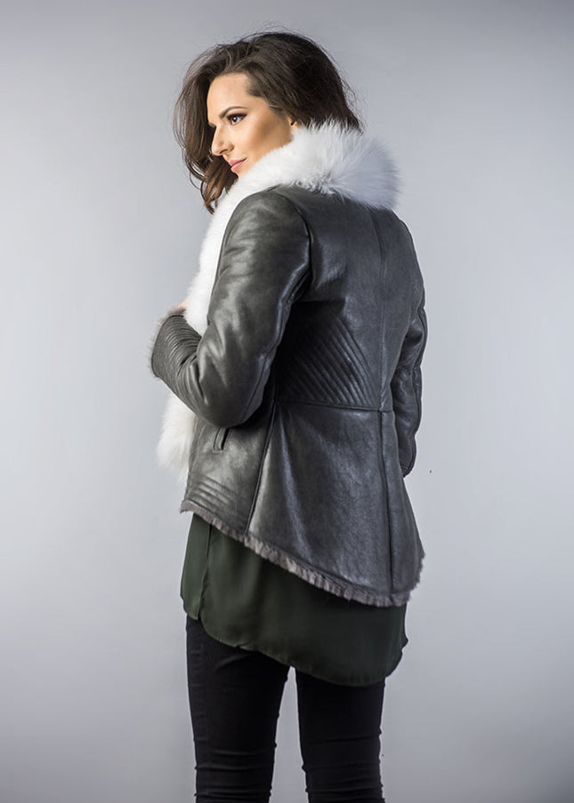 Gray Merino Shearling Jacket with Arctic Fox Fur Collar-1