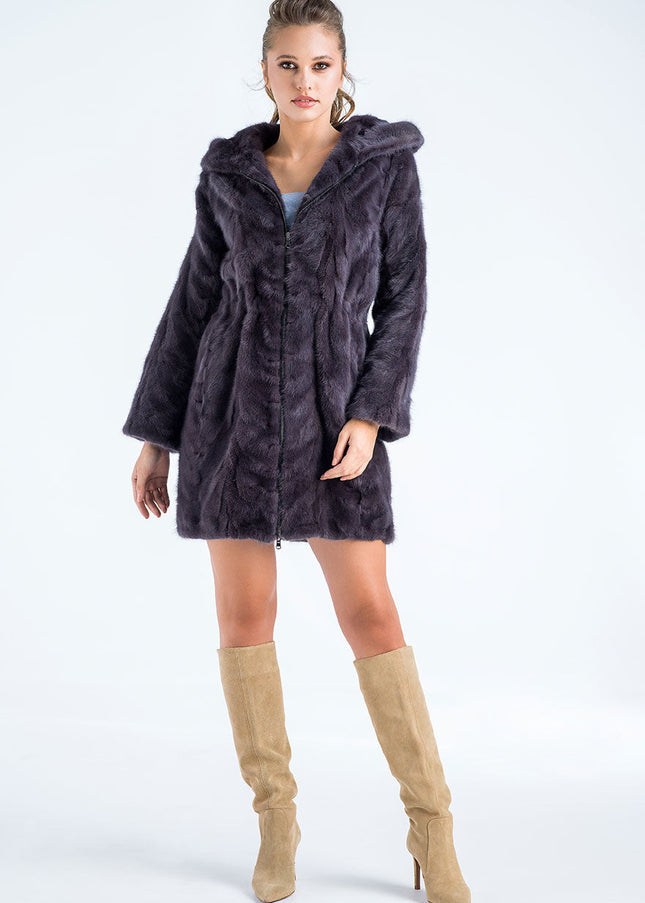 Gray Natural Hooded Mink Fur Coat-0