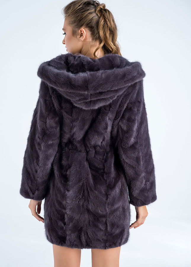 Gray Natural Hooded Mink Fur Coat-1