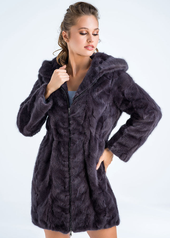 Gray Natural Hooded Mink Fur Coat-2