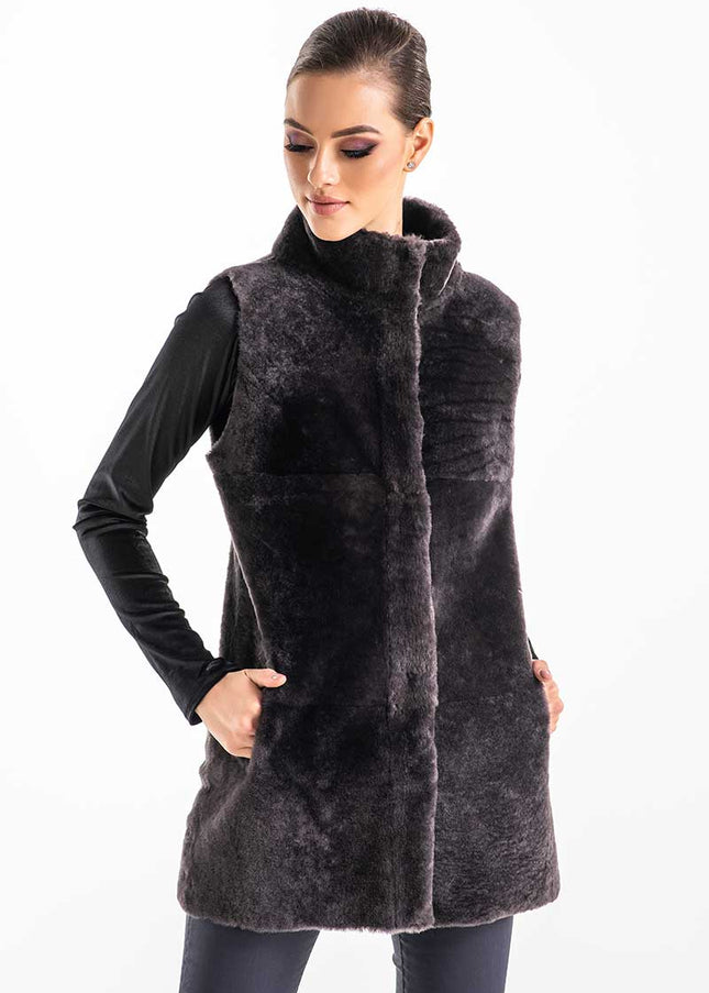 Gray Reversible Geniune Nappa Lamb Leather Mouton Fur Vest-0