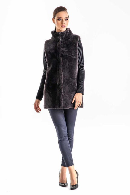 Gray Reversible Geniune Nappa Lamb Leather Mouton Fur Vest-2