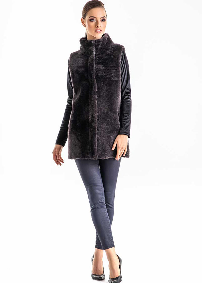 Gray Reversible Geniune Nappa Lamb Leather Mouton Fur Vest-2