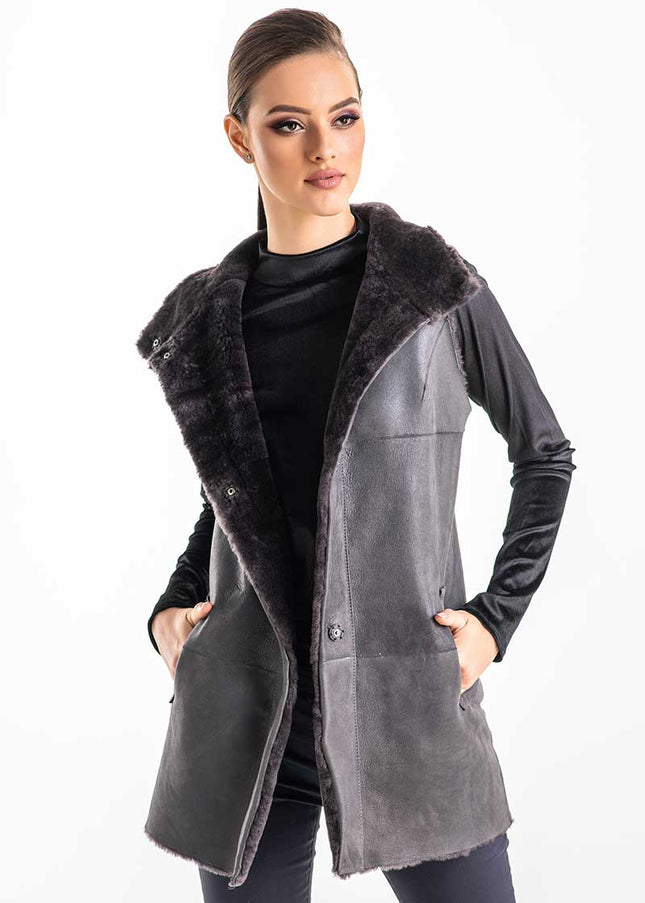 Gray Reversible Geniune Nappa Lamb Leather Mouton Fur Vest-3