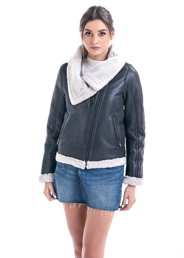 Gray Shearling Leather Jacket with Merino Fur Detailing-0