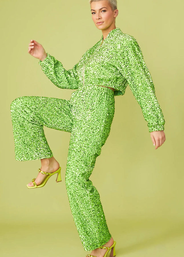 Green Bamboo Blend Sequin Trousers-0