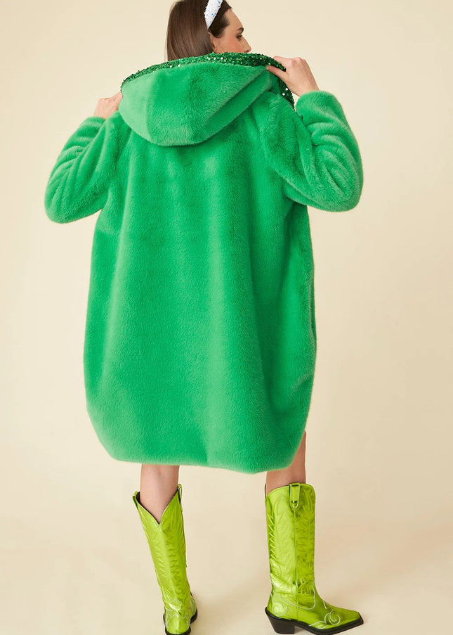 Green Faux Fur Sequins Trim Hooded Maxi Coat-1