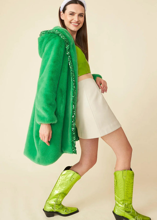 Green Faux Fur Sequins Trim Hooded Maxi Coat-3