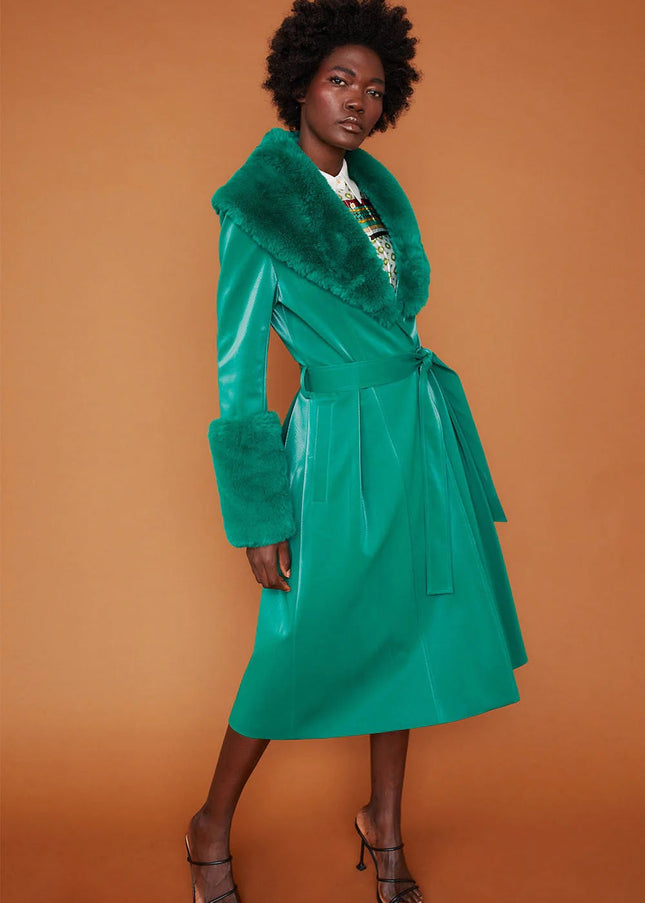 Green Faux Suede Trench Coat with Faux Fur Collar and Cuffs-0