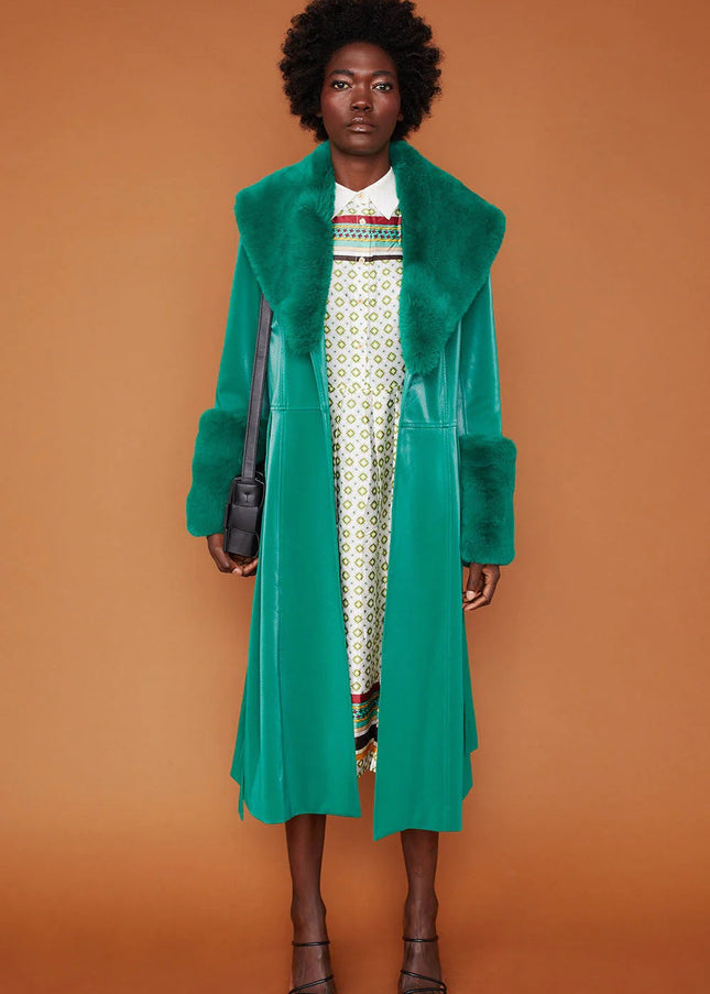 Green Faux Suede Trench Coat with Faux Fur Collar and Cuffs-2