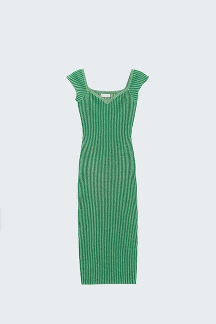 Green Midi Thick Rib Bodycon Dress With Cap Sleeves