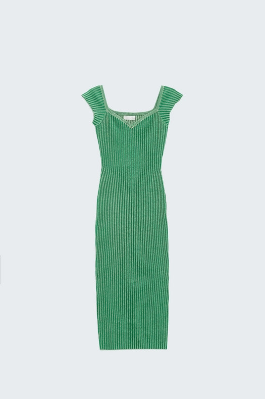 Green Midi Thick Rib Bodycon Dress With Cap Sleeves