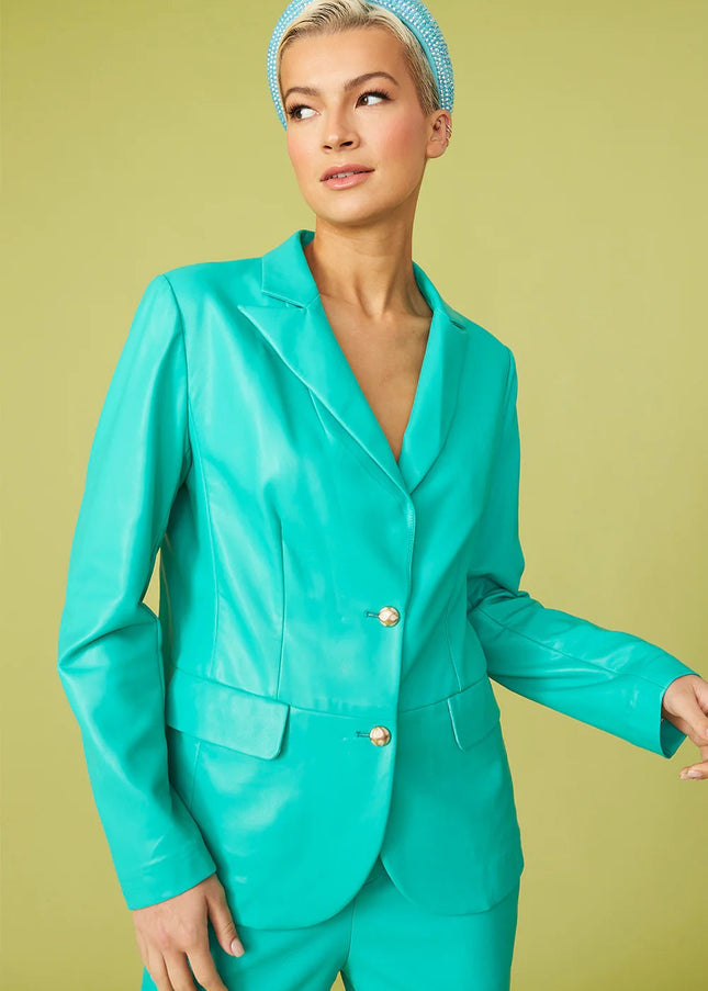 Green Tencel Rayon Blend Leather Blazer-1