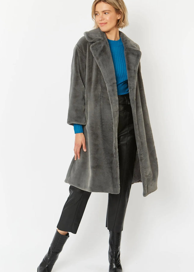 Grey Faux Fur Midi Shaved Shearling Coat-1